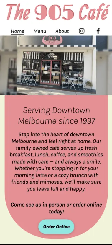 Cafe website for small business client mobile view